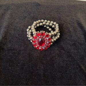 Red and Silver Multi-Strand Bracelet with Bold Centerpiece